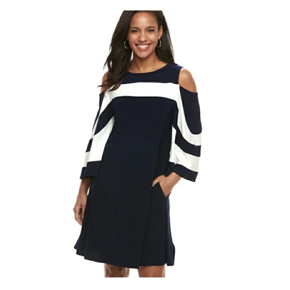 Nina Leonard Navy and White Cold Shoulder …